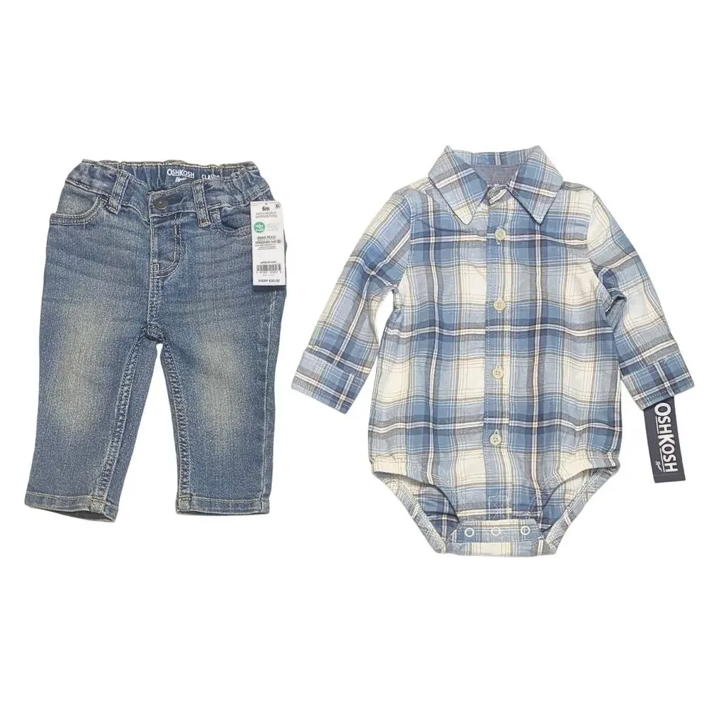 NWT OshKosh B’gosh Boys Plaid Long Sleeve Onesie And Blue Jeans 6 Months Outfit